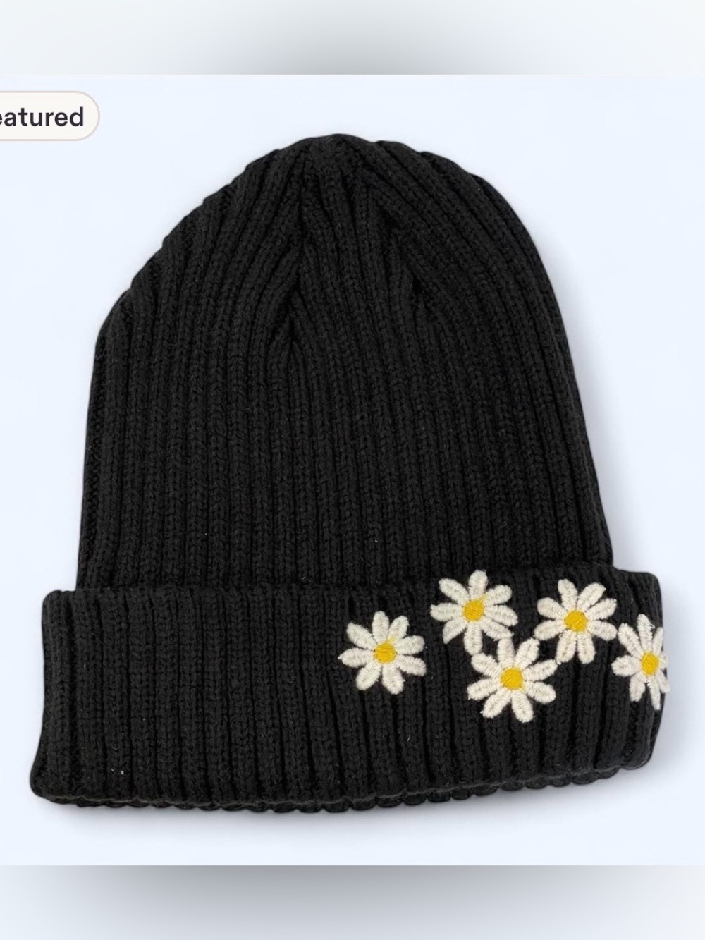 Black Knit Beanie with Dasies